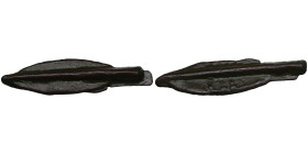 Skythia, Olbia Æ Arrowhead. Circa 550-450/25 BC.
4.61g. 43x10mm. VF/VF Bilobate arrowhead with axial spine and ribs. / Bilobate arrowhead with axial s...
