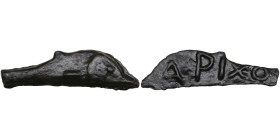Skythia, Olbia Æ Dolphin. Circa 525-410 BC.
4.71g. 41x11mm. VF. An attractive speceimen. Dolphin swimming right/ APIXO. HGC 3, 1879.
