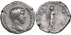 Roman Empire AR Denarius - Hadrian (AD 117-138)
3.34g. 19mm. VF/VF HADRIANVS AVG COS III P P/ SPES PR, Spes standing left.