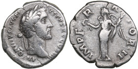 Roman Empire AR Denarius - Antoninus Pius (AD 138-161)
2.96g. 18mm. VF/F ANTONINVS AVG PIVS P P COS III/ IMPERATOR II Victoria standing front, head to...