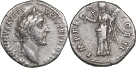 Roman Empire AR Denarius - Antoninus Pius (AD 138-161)
3.27g. 17mm. VF/VF ANTONINVS AVG PIVS P P TR P COS III/ IMPERATOR II S C, Victory flying right.