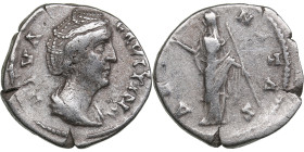 Roman Empire AR Denarius - Diva Faustina I (AD 140-141)
2.80g. 18mm. VF/F DIVA FAVSTINA/ AETERNITAS, Aeternitas (or Juno) standing left, raising hand ...