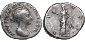 Roman Empire AR Denarius - Faustina II (AD 147-175)
3.99g. 18mm. VF/VF FAVSTINAE AVG PII AVG FIL/ VENVS, Venus standing facing, head to left, holding ...