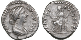 Roman Empire AR Denarius - Faustina II (AD 147-175)
3.30g. 19mm. VF-/VF- FAVSTINA AVGVSTA/ VENERI AVGVSTAE, Venus draped, seated to left, holding Vict...