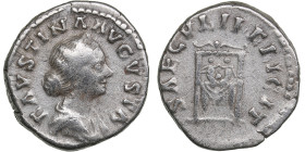 Roman Empire AR Denarius - Faustina II (AD 147-175)
3.40g. 18mm. VF-/VF FAVSTINA AVGVSTA/ SAECVLI FELICIT, pulvinar, upon which are Commodus and Anton...