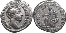 Roman Empire AR Denarius - Marcus Aurelius (AD 161-180)
3.24g. 18mm. VF/VF IMP MAVREL ANTONINVS AVG/ CONCORD AVG TR P XV, COS III, Concordia seated le...