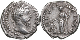 Roman Empire AR Denarius - Marcus Aurelius (AD 161-180)
3.33g. 19mm. VF/VF M ANTONINVS AVG TR P XXIIII/ SALVTI AVG COS III, Salus standing to left, fe...