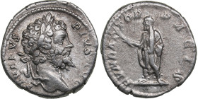 Roman Empire AR Denarius - Septimius Severus (AD 193-211)
3.51g. 18mm. VF+/VF SEVERVS PIVS AVG/ FVNDATOR PACIS, emperor standing to left, holding bran...