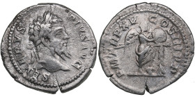 Roman Empire AR Denarius - Septimius Severus (AD 193-211)
2.95g. 20mm. VF/VF SEVERVS PIVS AVG/ P M TR P XV - COS III P P, Victory standing right, with...