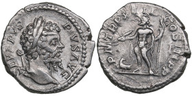 Roman Empire AR Denarius - Septimius Severus (AD 193-211)
3.01g. 19mm. VF/VF SEVERVS PIVS AVG/ PM TR P XIII COS III P P, Jupiter left shelf carrying l...