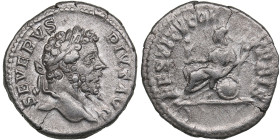 Roman Empire AR Denarius - Septimius Severus (AD 193-211)
3.42g. 19mm. VF/VF SEVERVS PIVS AVG/ RESTITVTOR VRBIS, Roma seated to left on shield, holdin...