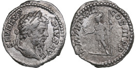 Roman Empire AR Denarius - Septimius Severus (AD 193-211)
2.86g. 19mm. VF/VF SEVERVS PIVS AVG/ PM TR P XIII COS III PP, Virtus standing left, holding ...
