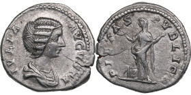 Roman Empire AR Denarius - Julia Domna (wife of S. Severus) (AD 193-217)
3.26g. 19mm. VF/VF IVLIA AVGVSTA/ PIETAS AVGG, Pietas standing facing