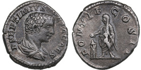 Roman Empire AR Denarius - Geta, as Caesar (AD 198-209)
3.25.g. 19mm. XF/VF P SEPTIMIVS GETA CAES/ PONTIF COS, Minerva standing to left.