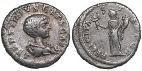 Roman Empire AR Denarius - Geta, as Caesar (AD 198-209)
3.40g. 18mm. VF/VF L SEPTIMIVS GETA CAES/ FELICITA-S-TEMPOR, Felicitas standing facing.