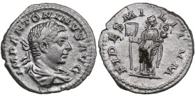 Roman Empire AR Denarius - Elagabalus (AD 218-222)
2.83g. 19mm. XF/VF IMP ANTONINVS AVG/ FIDES MILITVM, Fides.