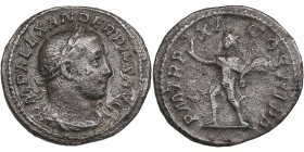Roman Empire AR Denarius - Severus Alexander (AD 222-235)
2.50g. 20mm. VF/VF IMP ALEXANDER PIVS AVG/ P M TR P XI COS III P P, Sol walking to left.