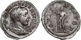Roman Empire AR Denarius - Gordian III (AD 238-244)
2.89g. 20mm. VF/VF IMP GORDIANVS PIVS FEL AVG/ IOVIS STATOR, Jupiter, nude, standing facing.