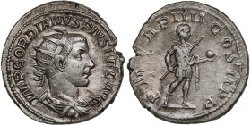 Roman Empire AR Denarius - Gordian III (AD 238-244)
4.71g. 22mm. XF/VF IMP GORDIANVS PIVS FEL AVG/ PM TR P IIII COS II PP, Gordian in military dress, ...