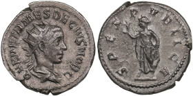 Roman Empire AR Antoninianus - Herennius Etruscus, as Caesar (AD 250-251)
4.20g. 23mm. XF/AU Beautiful lustrous specimen. Q HER ETR MES DECIVS NOB C/ ...