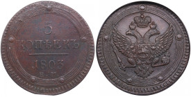 Russia 5 Kopecks 1803 EM - NGC MS 62 BN
Beautiful glossy brown color toning specimen. Rare state of preservation. Bitkin 284.