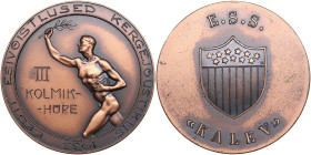 Estonia Athletics medal 1933 - 3rd place in triple jump
33.90g. 41mm. UNC/UNC E.S.S. "KALEV"/ EESTI ESIVÕISTLUSED KERGEJÕUSTIKUS 1933 III KOLMIK-HÕPE....