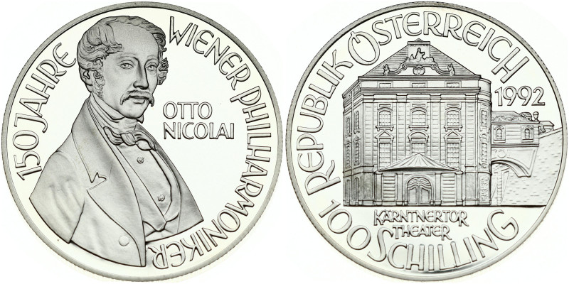 Austria 100 Schilling 1992 Obverse: Theater building; value below. Reverse: Bust...