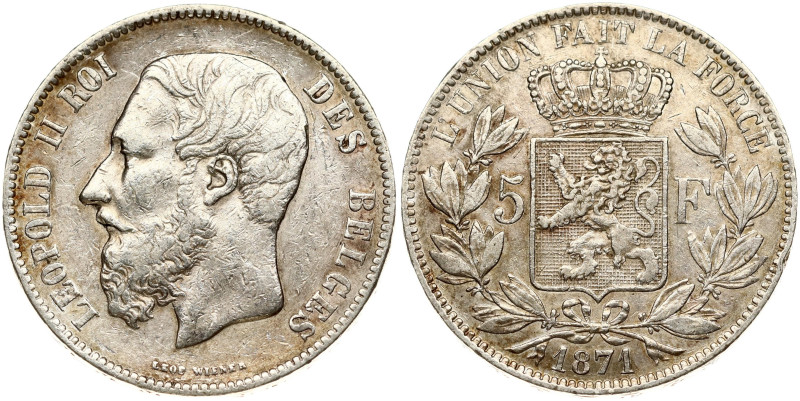 Belgium 5 Francs 1871 Leopold II (1865-1909). Obverse: Portrait in left profile ...
