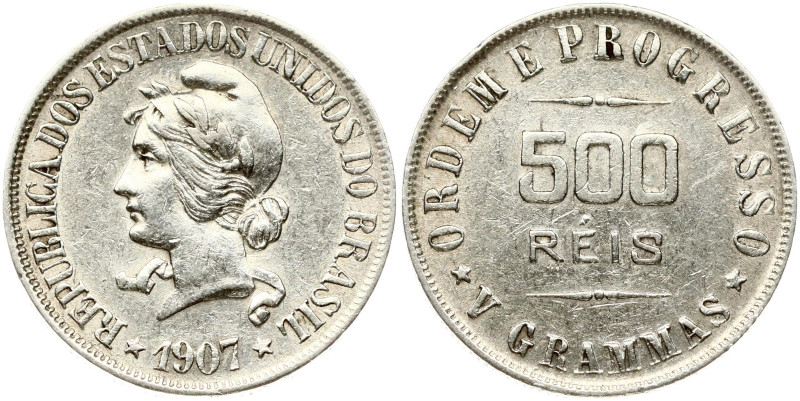 Brazil 500 Reis 1907 Obverse: Liberty bust facing left; date below. Reverse: Den...