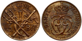 Danish West Indies 1 Cent / 5 Bit 1905 P♥GI. Christian IX (1863-1906). Obverse: Crowned monogram of King Christian IX with the date below. Lettering: ...