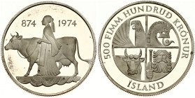 Iceland 500 Kronur 1974 1100th Anniversary of the First Settlement in the Island. Obverse: The four traditional protector spirits (Landvættir) of Icel...