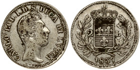 Italy Lucca 2 Lire 1837 Carlo Lodovico di Borbone(1824-1847). Obverse: Head facing right. Lettering: CARLO LOD.I.D.S.DUCA DI LUCCA. Reverse: Crowned s...