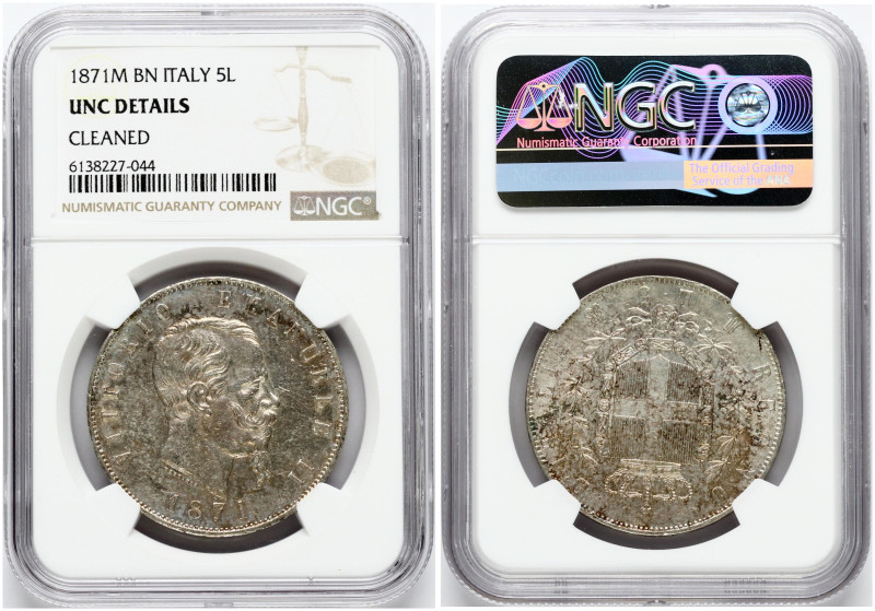 Italy 5 Lire 1871 M BN Vittorio Emanuele II (1861-1878). Obverse: Bust of King V...