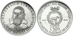 Italy 500 Lire 1982R Galileo Galilei - 350th Anniversary of his masterpiece. Obverse: Bust of G. Galiei facing. Reverse: Dog within crowned wreath div...