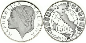 Italy 500 Lire 1989R Soccer. Obverse: Head left with world cup trophy within hair. Reverse: Map of Italy within world globe. Silver. KM 134