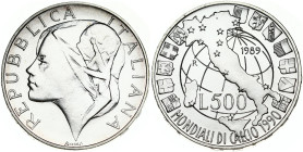 Italy 500 Lire 1989R Soccer. Obverse: Head left with world cup trophy within hair. Reverse: Map of Italy within world globe. Silver. KM 134
