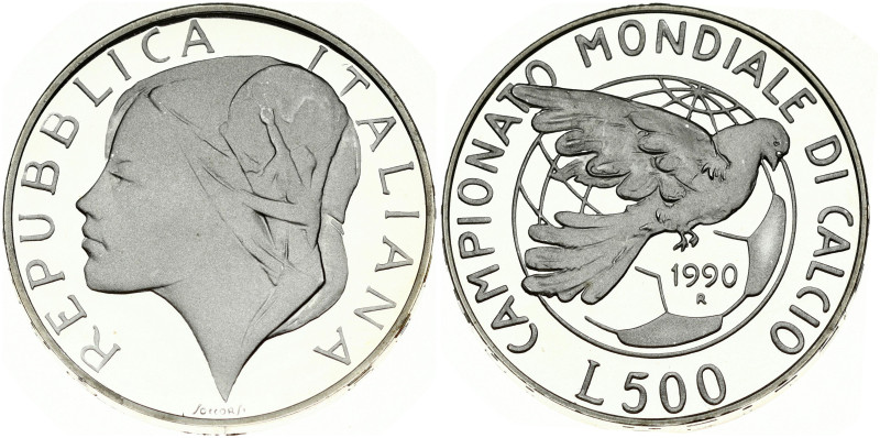 Italy 500 Lire 1990R Soccer. Obverse: Head left with world cup trophy within hai...