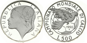 Italy 500 Lire 1990R Soccer. Obverse: Head left with world cup trophy within hair. Reverse: Dove within globe and soccer ball. Silver. KM 136