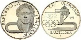 Italy 500 Lire 1992R Olympics. Obverse: Laureate head facing and half of oval track. Reverse: Buildings and 3/4 oval track. Silver. KM 153