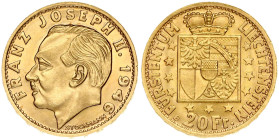 Liechtenstein 20 Franken 1946B Franz Josef II(1938-1989). Obverse: Head left. Reverse: Crowned shield within stars. Gold 6.44g. Y 14