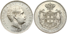 Portugal 1000 Reis 1899 Carlos I (1889-1908). Obverse: Head to right. Lettering: CARLOS I REI DE PORTUGAL V.ALVES · 1899 ·. Reverse: Crowned mantled a...