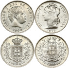 Portugal 500 Reis 1908 & 50 Centavos 1916. Obverse: Carlos I head right. Liberty head left. Reverse: Crowned arms within wreath. Shield within designe...