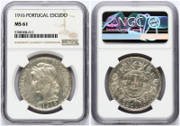 Portugal 1 Escudo 1916 Obverse: Liberty head left. Lettering: REPUBLICA PORTUGUESA 1916. Reverse: Shield within designed circle and wreath. Lettering:...