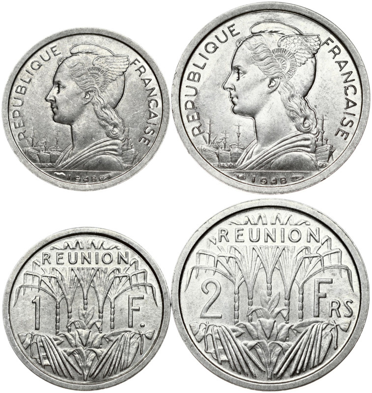 Reunion 1 & 2 Francs 1948(a) Obverse: Winged liberty head left. Reverse: Sugar c...