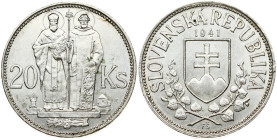 Slovakia 20 Korun 1941 St Kyrill and St Methodius. Obverse: Double cross on shield within sprigs. Reverse: Standing figures flanked by value. Edge Des...