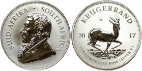 South Africa 1 oz Silver Krugerrand 2017 50th anniversary of the Krugerrand. Obverse: Portrait of S.J.P. (Paul Kruger); President of the South African...