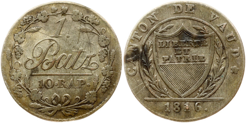 Switzerland VAUD 1 Batzen-10 Rappen 1816 Obverse: Shield within wreath and beade...