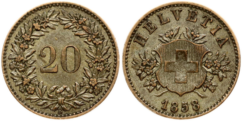 Switzerland 20 Rappen 1858B Obverse: Coat of arms of Switzerland on ornate shiel...