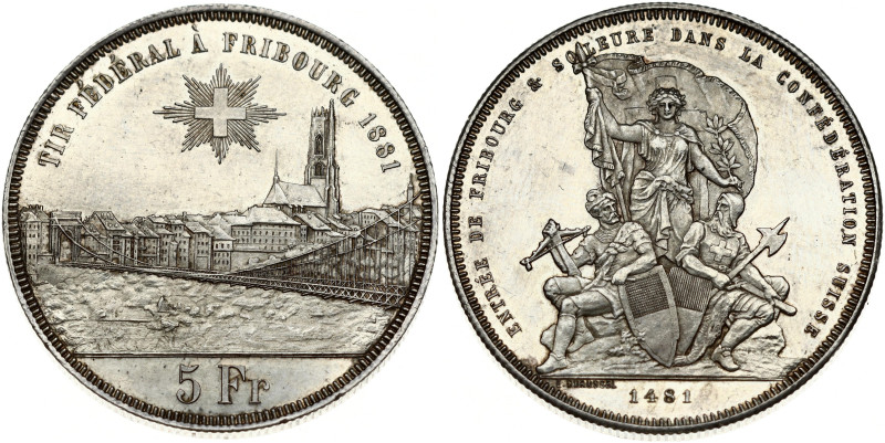 Switzerland 5 Francs 1881 Fribourg Shooting Festival. Obverse: Arms; city view; ...