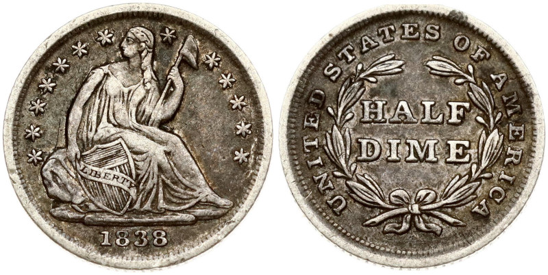 USA ½ Dime 1838 'Seated Liberty Half Dime' with stars no arrows. Philadelphia. O...